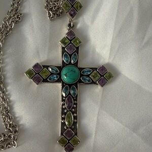 Nicky Butler Silver Cross Necklace with Purple and Turquoise Accents